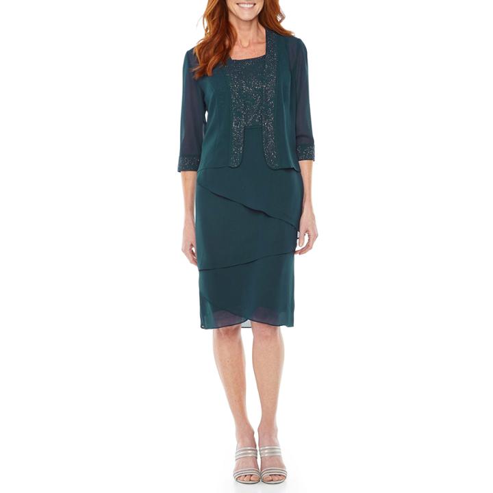 Maya Brooke 3/4 Sleeve Embellished Jacket Dress