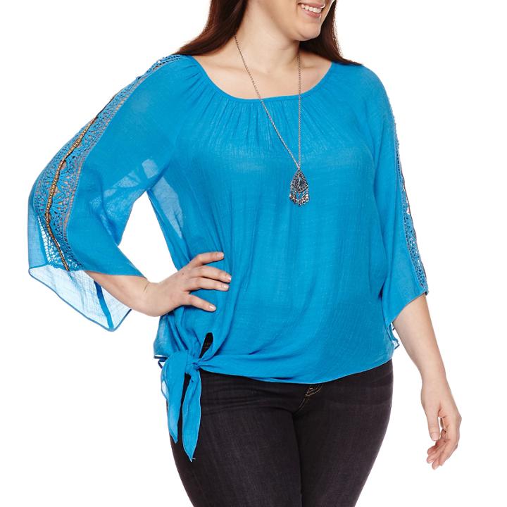 Alyx 3/4 Crochet Sleeve Tie Front Woven Blouse With Necklace-plus
