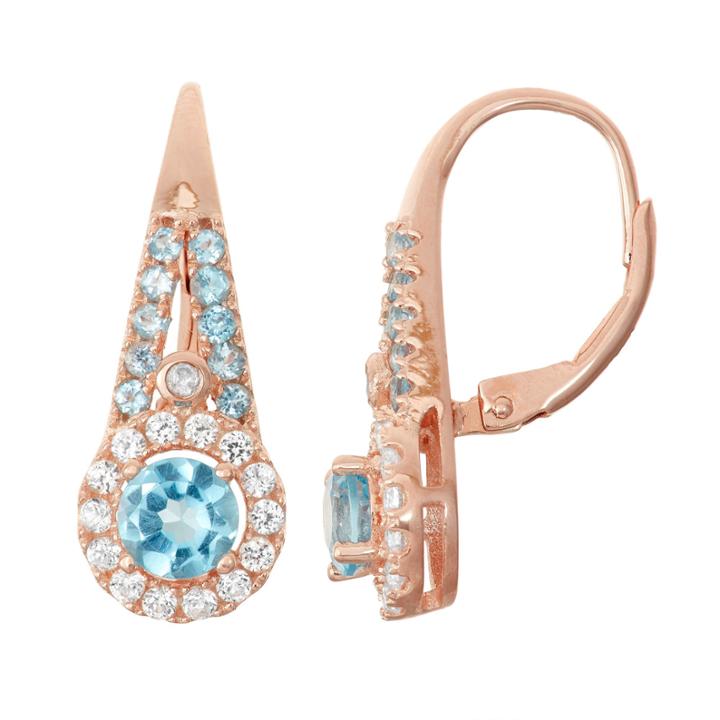 Lab Created Aquamarine, Lab Created White Sapphire, & Diamond Accent 14k Rose Gold Over Silver Earrings