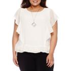 Alyx Short Sleeve Ruffle Side Woven Blouse With Necklace-plus