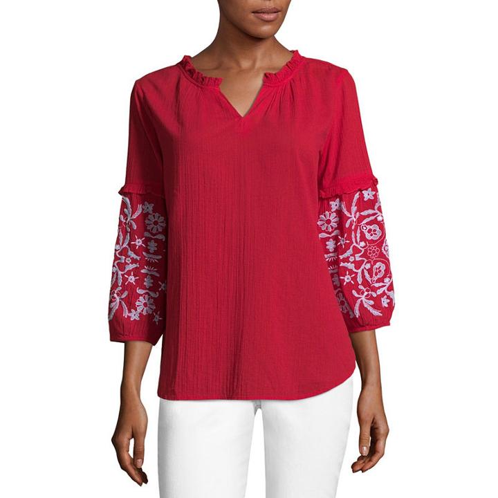 Liz Claiborne 3/4 Sleeve Ruffle Popover - Tall