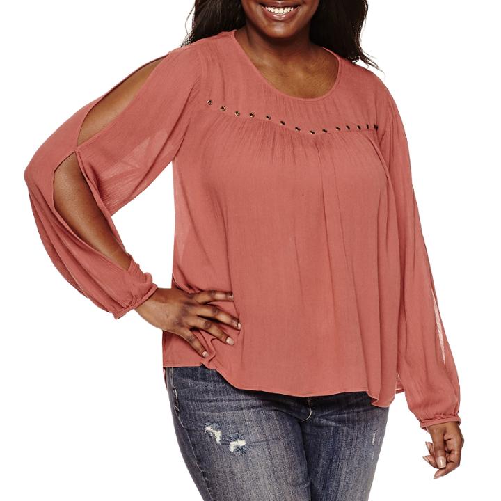 Arizona Long Sleeve Solid Peasant Top- Juniors Plus