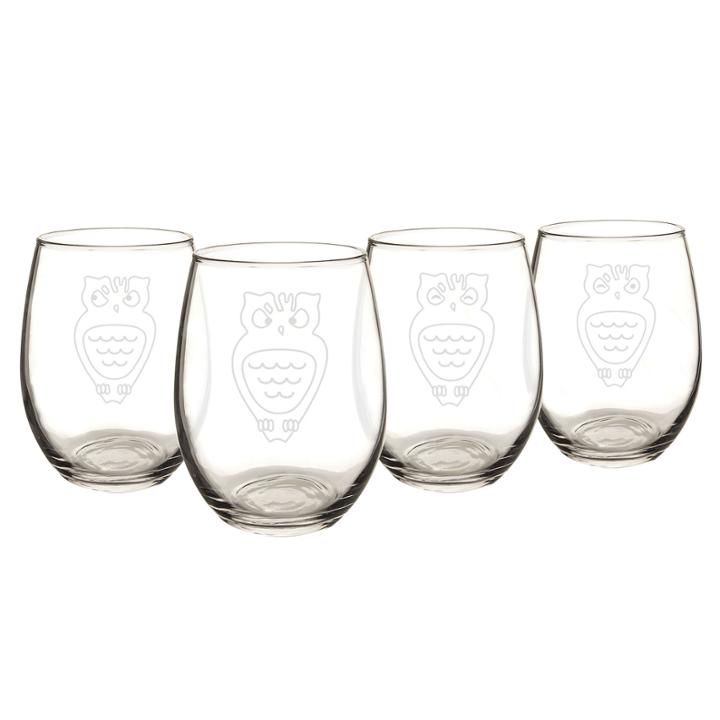 Cathy's Concepts Owl Set Of 4 Stemless Wine Glasses