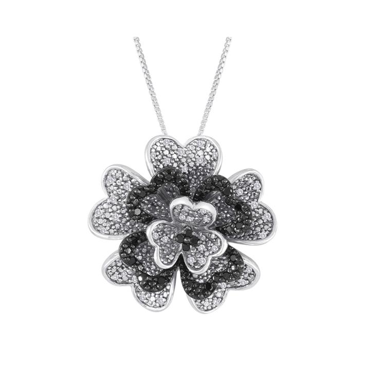 1/3 Ct. T.w. White And Color-enhanced Black Diamond Sterling Silver Flower Pendant Necklace