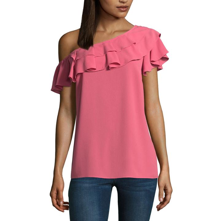 A.n.a Ruffle One Shoulder Short Sleeve Crew Neck Woven Blouse