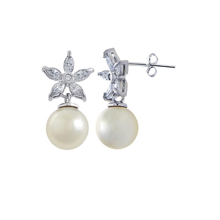 Cubic Zirconia And Simulated Pearl Silver-plated Flower Drop Earrings