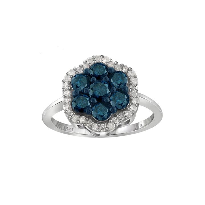 1 Ct. T.w. White & Color-enhanced Blue Diamond Cluster Sterling Silver Ring