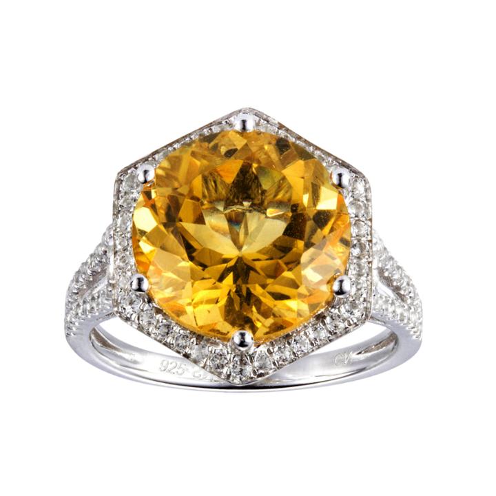 Womens Yellow Citrine Sterling Silver Halo Ring