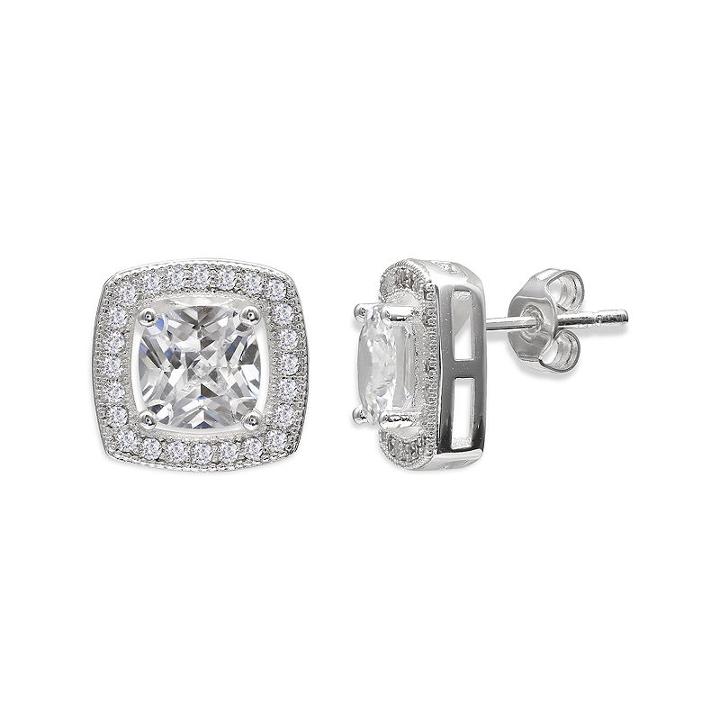 Sparkle Allure&trade; Cubic Zirconia Silver-plated Cushion-cut Halo Earrings