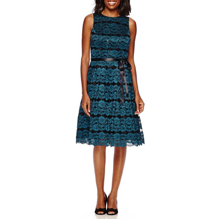 Jackie Jon Sleeveless Lace Party Dress With Bow Belt
