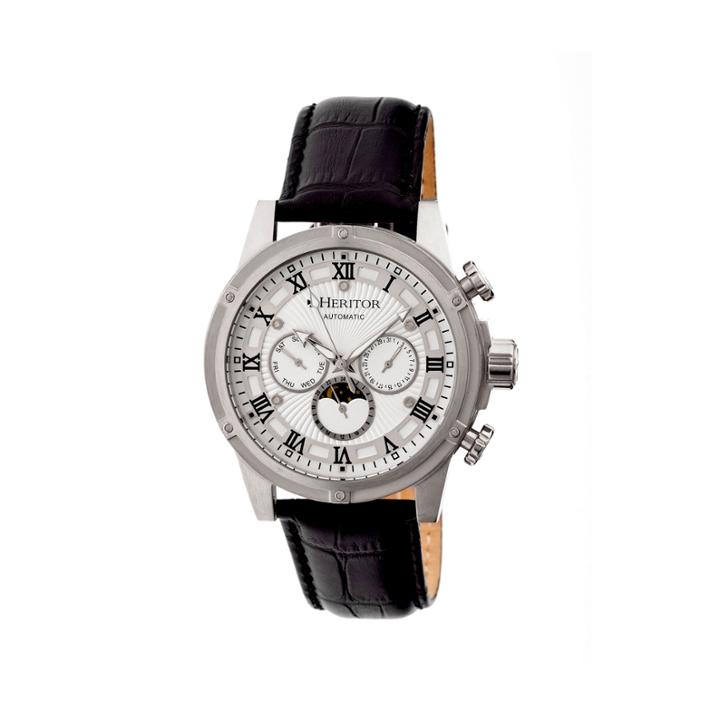 Heritor Automatic Kinser Mens Leather Day & Date-silver Watches