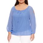 Alyx Long Sleeve Cold Shoulder Tie Neck Textured Woven Blouse-plus