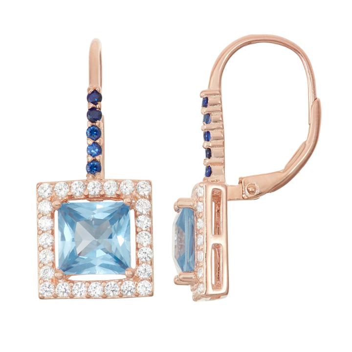 Lab-created Aquamarine & Sapphire 14k Rose Gold Over Silver Leverback Earrings