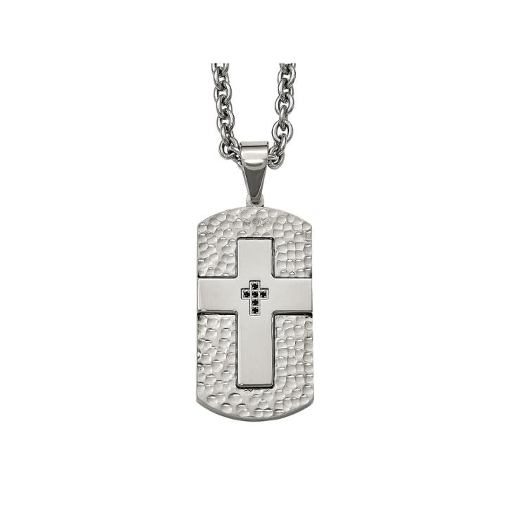 Mens Black Cubic Zirconia Stainless Steel Cross Dog Tag Pendant