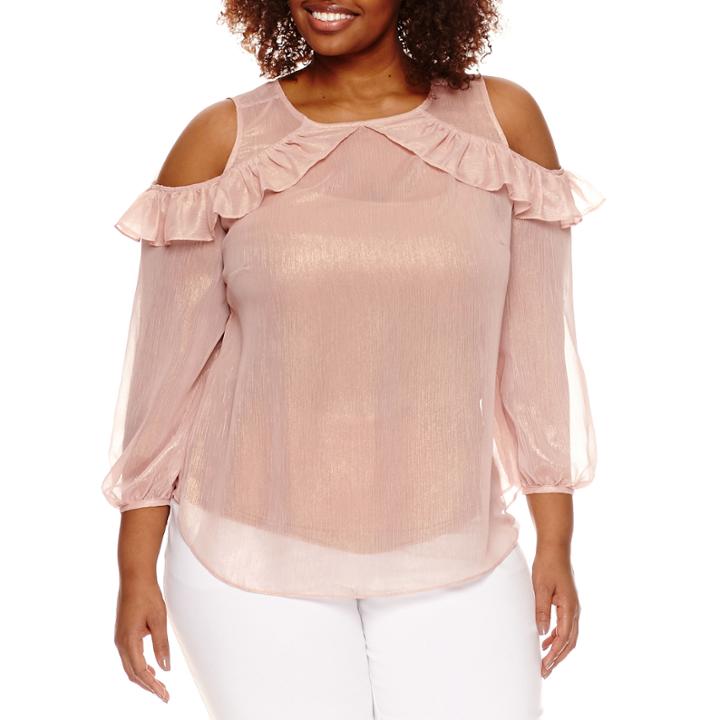Worthington 3/4 Sleeve Sleeve Cold Shoulder Woven Blouse - Plus