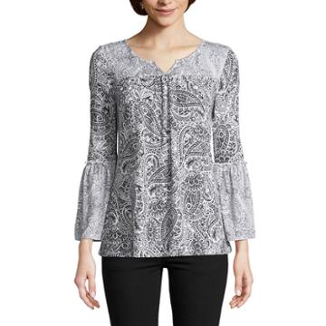 Como Blu Long Sleeve Split Crew Neck Knit Blouse