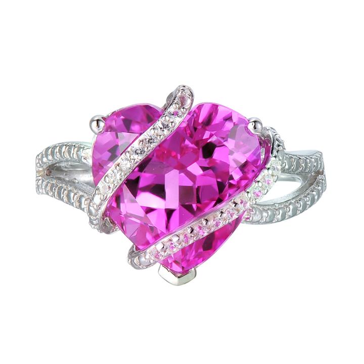 Lab-created Pink & White Sapphire Heart Crossover Ring In Sterling Silver