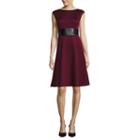 London Style Collection Cap Sleeve Faux Leather Waist Fit-and-flare Dress