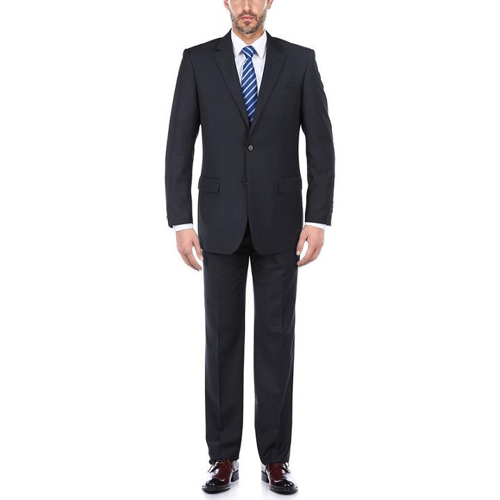 Verno Men's Dark Navy 100 Wool Classic Fit Singlebreaste Two Piece Suit