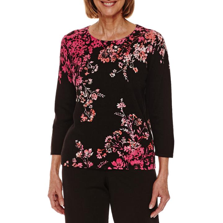 Alfred Dunner Theatre District 3/4 Sleeve Floral Pullover Sweater-petites