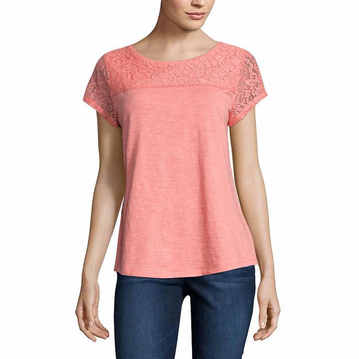 Liz Claiborne Short Sleeve Lace Yoke T-shirt