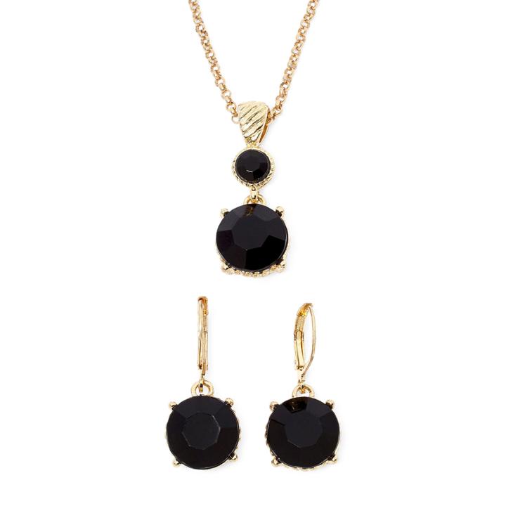 Monet Gold-tone Jet Crystal Pendant Necklace And Earrings Boxed Set