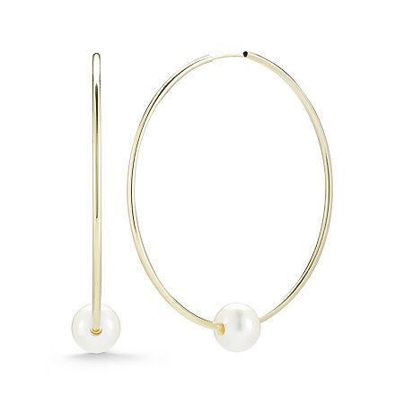 Cultured Freshwater Pearl 10k Yellow Gold Endless Wire Hoop Earrings