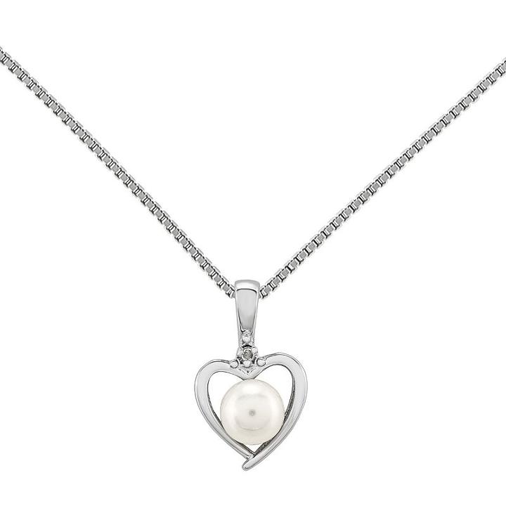 Womens Diamond Accent White Cultured Freshwater Pearls Heart Pendant Necklace