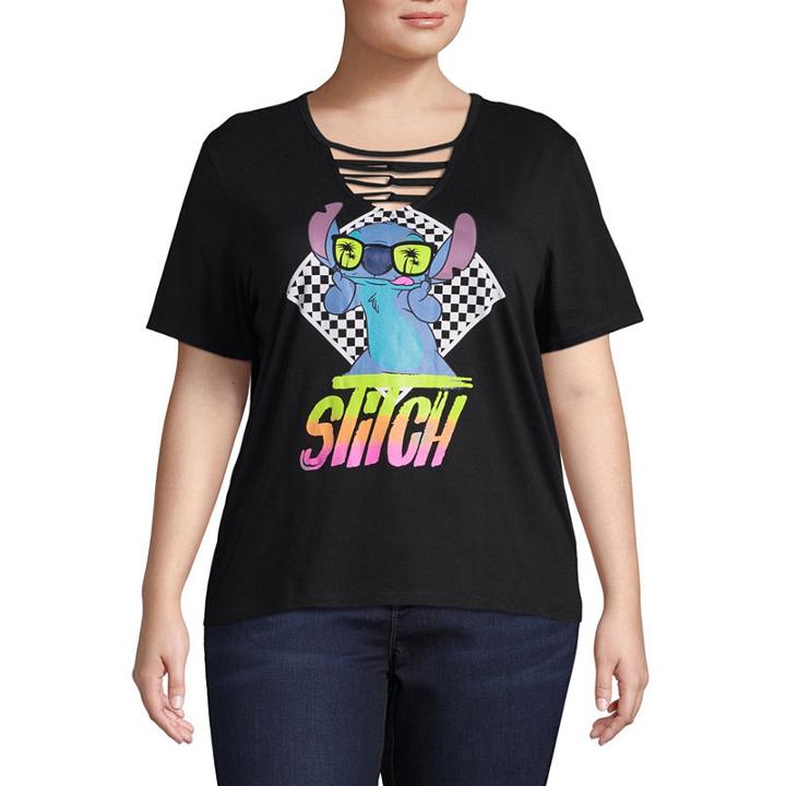 Short Sleeve Lattice Neck Stitch T-shirt- Juniors Plus