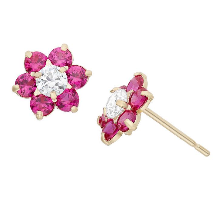Red Cubic Zirconia 7.5mm Flower Stud Earrings
