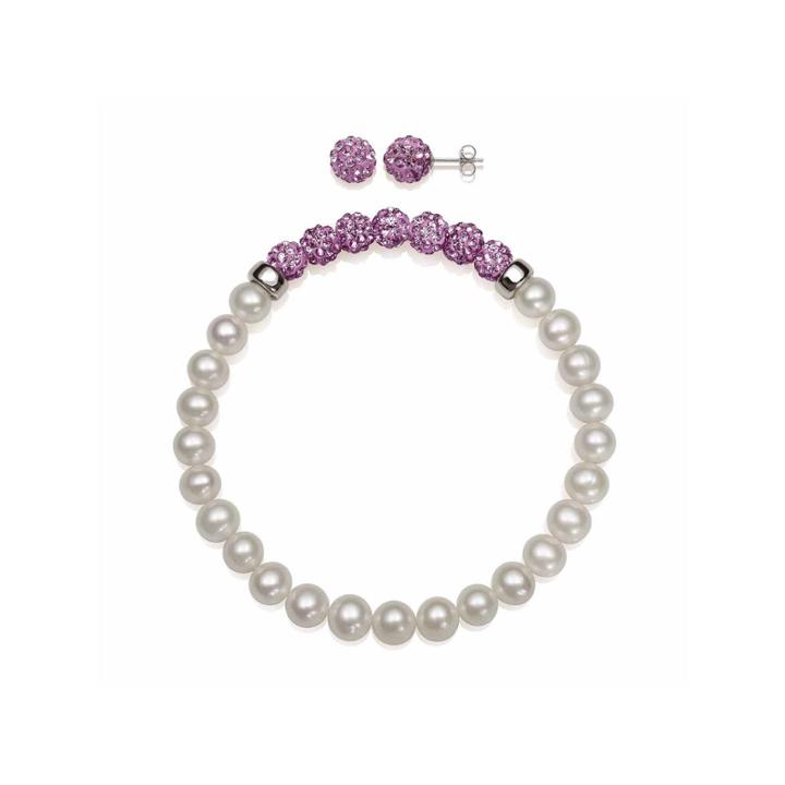 Cultured Freshwater Pearl & Lavender Lab Created Crystal Bead Sterling Silver Jewelry Set
