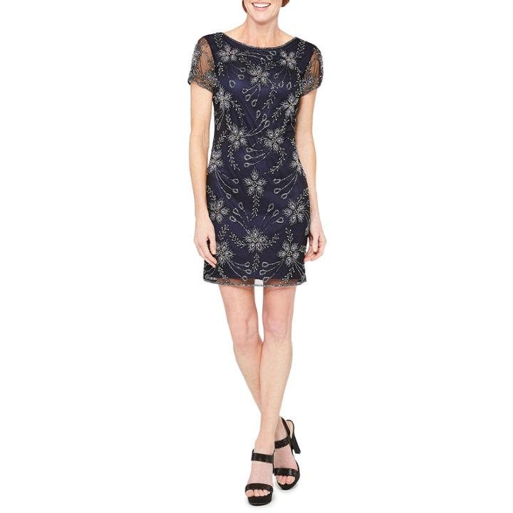 Msk Short Sleeve Beaded Floral Sheath Dress