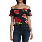 Derek Heart Short Sleeve Knit Floral Blouse-juniors