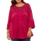 3/4 Bell Sleeve High Neck Embroidered Blouse-plus