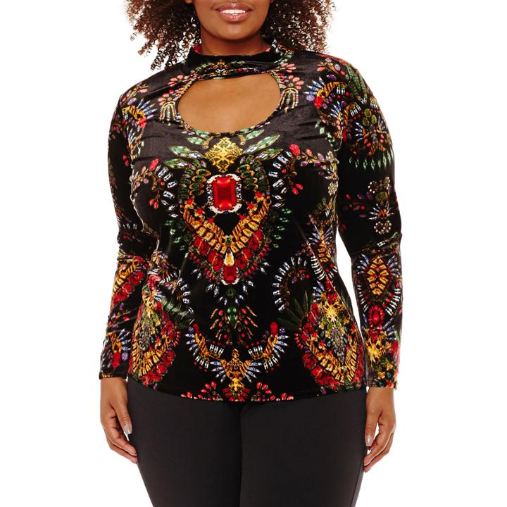 Bisou Bisou Long Sleeve Keyhole Neck Pattern T-shirt-womens Plus