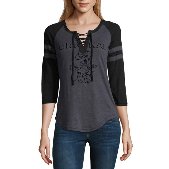 3/4 Sleeve V Neck Minnie Mouse T-shirt-womens Juniors