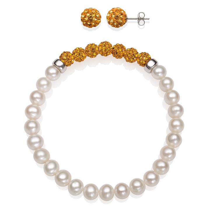 6-7mm Cultured Freshwater Pearl And 6mm Orange Lab Created Crystal Bead Sterling Silver Earring And Bracelet Set
