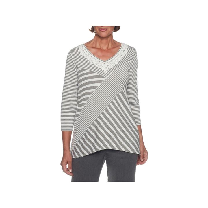 Alfred Dunner Lakeshore Drive 3/4 Sleeve V Neck Stripe T-shirt-womens