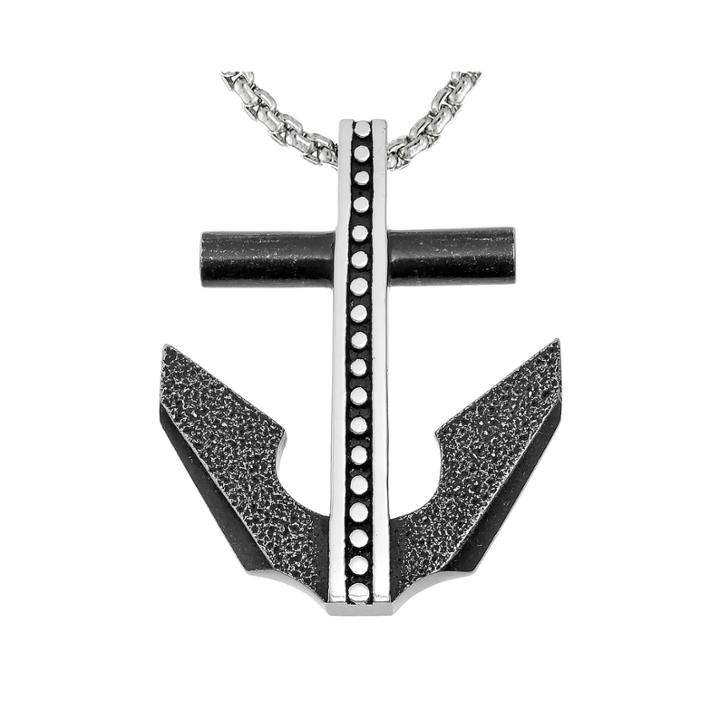 Mens Black Ip Stainless Steel Anchor Pendant Necklace