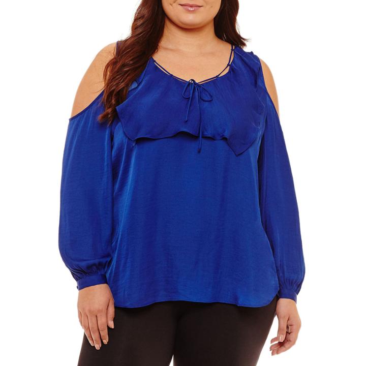 Bisou Bisou Long Sleeve V Neck Satin Blouse-plus