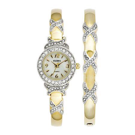 Elgin Womens Gold-tone Crystal-accent Watch And Bangle Set