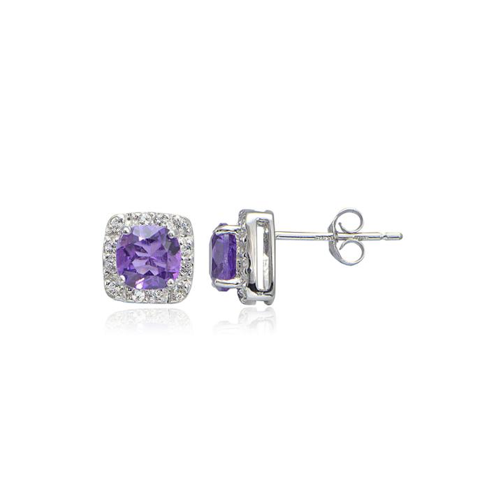 Silver Treasures Genuine Amethyst Cubic Zirconia Sterling Silver Square Halo Stud Earrings