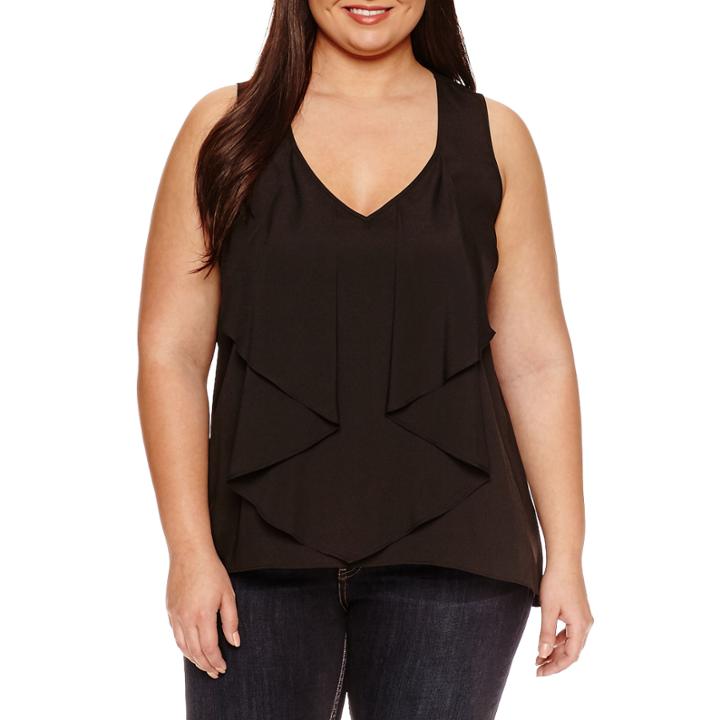 Bisou Bisou Sleeveless V Neck Ruffle Front Woven Blouse-plus