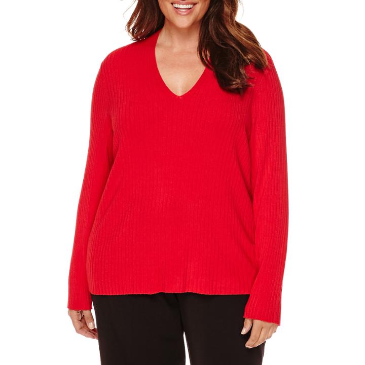 Liz Claiborne Long-sleeve V-neck Ribbed Sweater - Plus