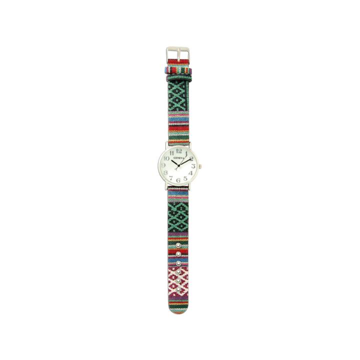 Olivia Pratt Womens Silver-tone Faux Mop Dial Teal-white Patterned Fabric Strap Watch 10352tr