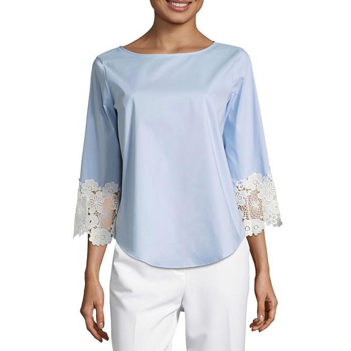 Liz Claiborne 3/4 Lace Sleeve Round Neck Woven Blouse
