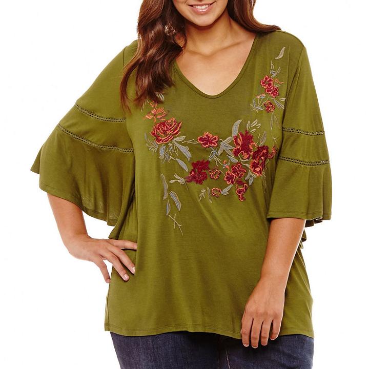 Flutter Sleeve Embroidered Tee - Plus