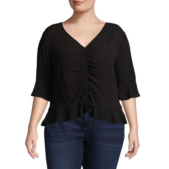 Arizona 3/4 Sleeve Ruched Front Woven Blouse-juniors Plus