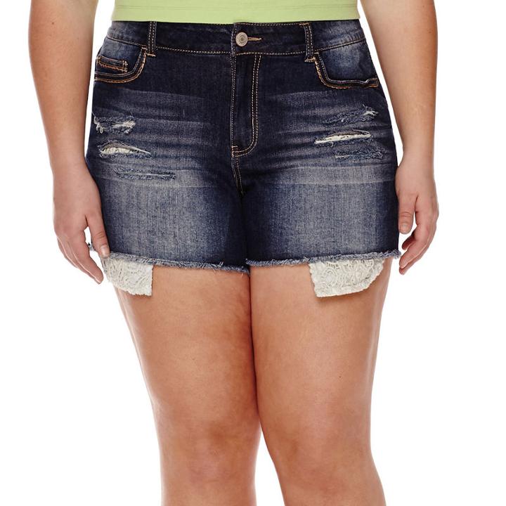 Vanilla Star Crochet-trim Distressed Denim Shorts - Juniors Plus