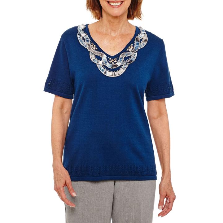 Alfred Dunner Arizona Sky Short Sleeve V Neck Pullover Sweater